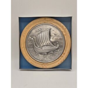 Vintage Norway Pewter Viking Ship Plate Wood Wall Plaque Norse Decor